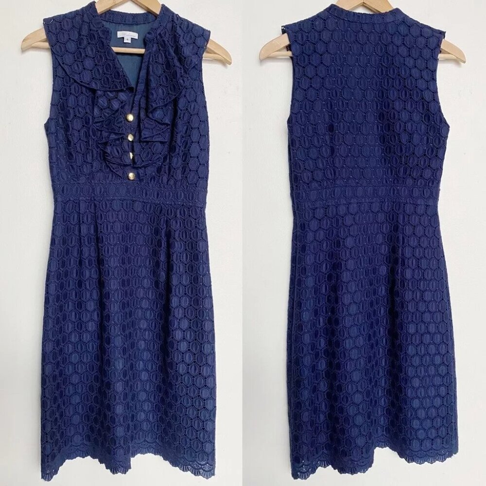 Shoshanna Navy Lace Sleeveless Button Front Ruffled Sheath Dress Size 2
